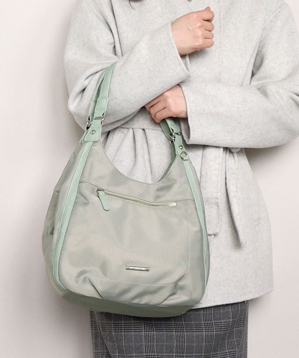 BPRAG11150 MK MICHEL KLEIN BAG(MK ミッシェルクラン バッグ) [2WAY]異素材ジョイントラウンドナイロントート グレージュ×ライトグリーン