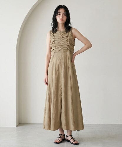 CTEID02072 TONEA リネンライク ギャザーノースリブワンピース