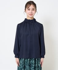 F1BGA32150 MK MICHEL KLEIN(小さいサイズ)(メゾン ドゥ サンク) 【小さいサイズ】スタンドネックデザインサテンブラウス/洗える/セットアップ対応 ネイビー