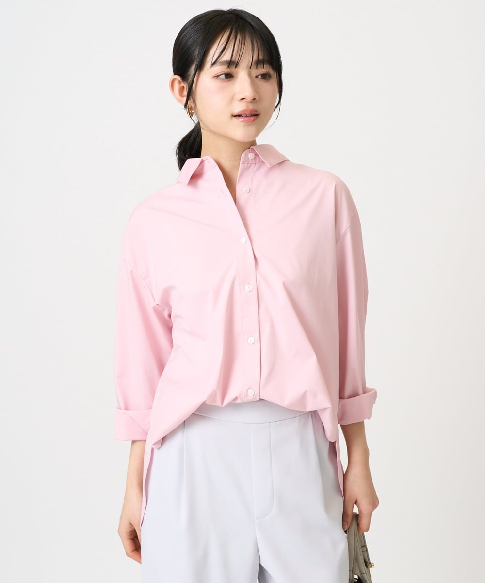 F1BGD27140 MK MICHEL KLEIN(小さいサイズ)(メゾン ドゥ サンク) 【小さいサイズ】コットン混ベーシックシャツ（無地）/接触冷感/防シワ/洗濯機で洗える ピンク