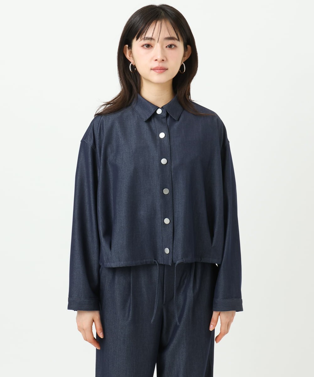 F1BGD30150 MK MICHEL KLEIN(小さいサイズ)(メゾン ドゥ サンク) 【小さいサイズ】[SANAGARAシリーズ]デニムライク クロップド丈シャツブラウス/接触冷感/UVカット/洗濯機で洗える ネイビー