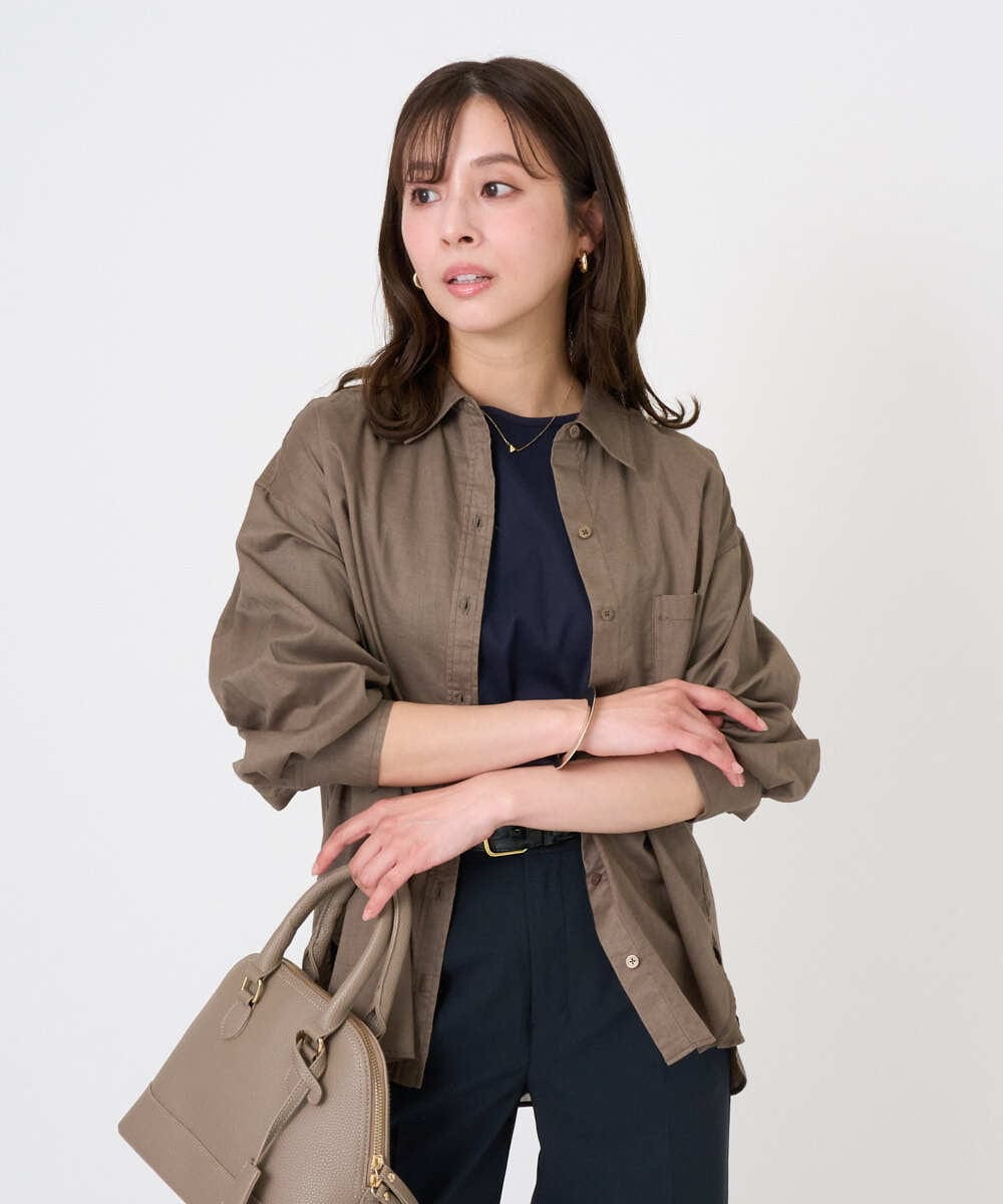 F1BGD47150 MK MICHEL KLEIN(小さいサイズ)(メゾン ドゥ サンク) 【小さいサイズ】リネン混カラーシャツブラウス/接触冷感/洗える ブラウン