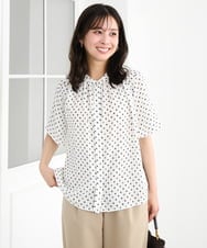 F1BGD51150 MK MICHEL KLEIN(小さいサイズ)(メゾン ドゥ サンク) 【小さいサイズ】[UVカット/接触冷感/洗濯機で洗える]フレアスリーブ幾何柄ブラウス ネイビー