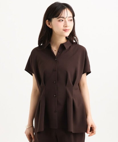 F1BGD56160 MK MICHEL KLEIN(小さいサイズ) 【小さいサイズ】[洗える]リネンライクストレッチ ウエストタックデザイン襟付きブラウス