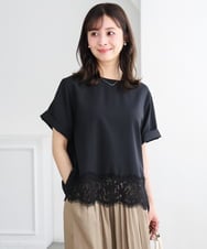 F1BGD59150 MK MICHEL KLEIN(小さいサイズ)(メゾン ドゥ サンク) 【小さいサイズ】[UVカット/接触冷感/洗える]ストレッチ 裾レース半袖ブラウス ブラック