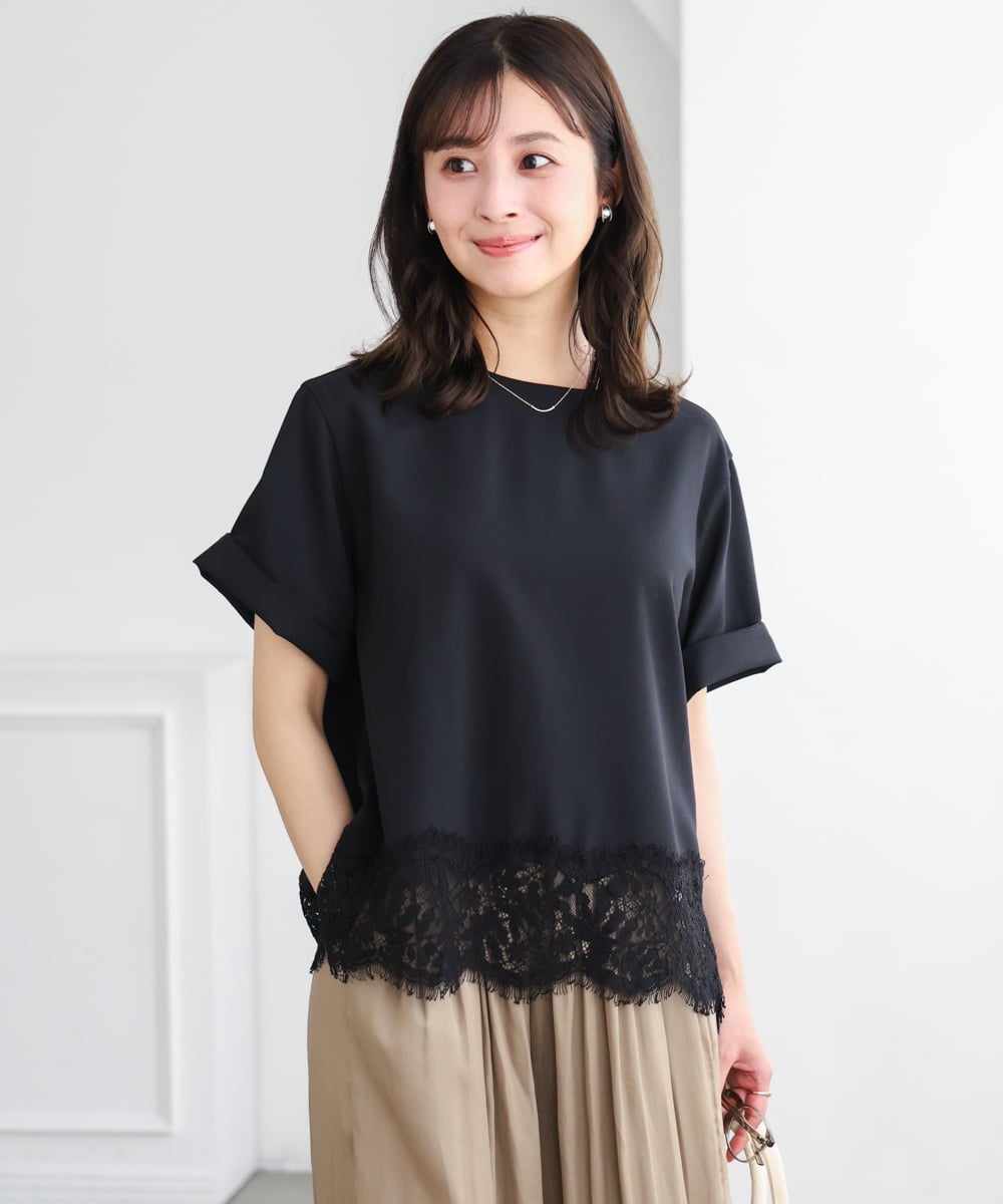 F1BGD59150 MK MICHEL KLEIN(小さいサイズ)(メゾン ドゥ サンク) 【小さいサイズ】[UVカット/接触冷感/洗える]ストレッチ 裾レース半袖ブラウス ブラック