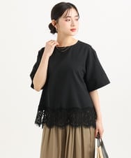 F1BGD59150 MK MICHEL KLEIN(小さいサイズ)(メゾン ドゥ サンク) 【小さいサイズ】[UVカット/接触冷感/洗える]ストレッチ 裾レース半袖ブラウス ブラック