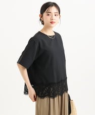 F1BGD59150 MK MICHEL KLEIN(小さいサイズ)(メゾン ドゥ サンク) 【小さいサイズ】[UVカット/接触冷感/洗える]ストレッチ 裾レース半袖ブラウス ブラック