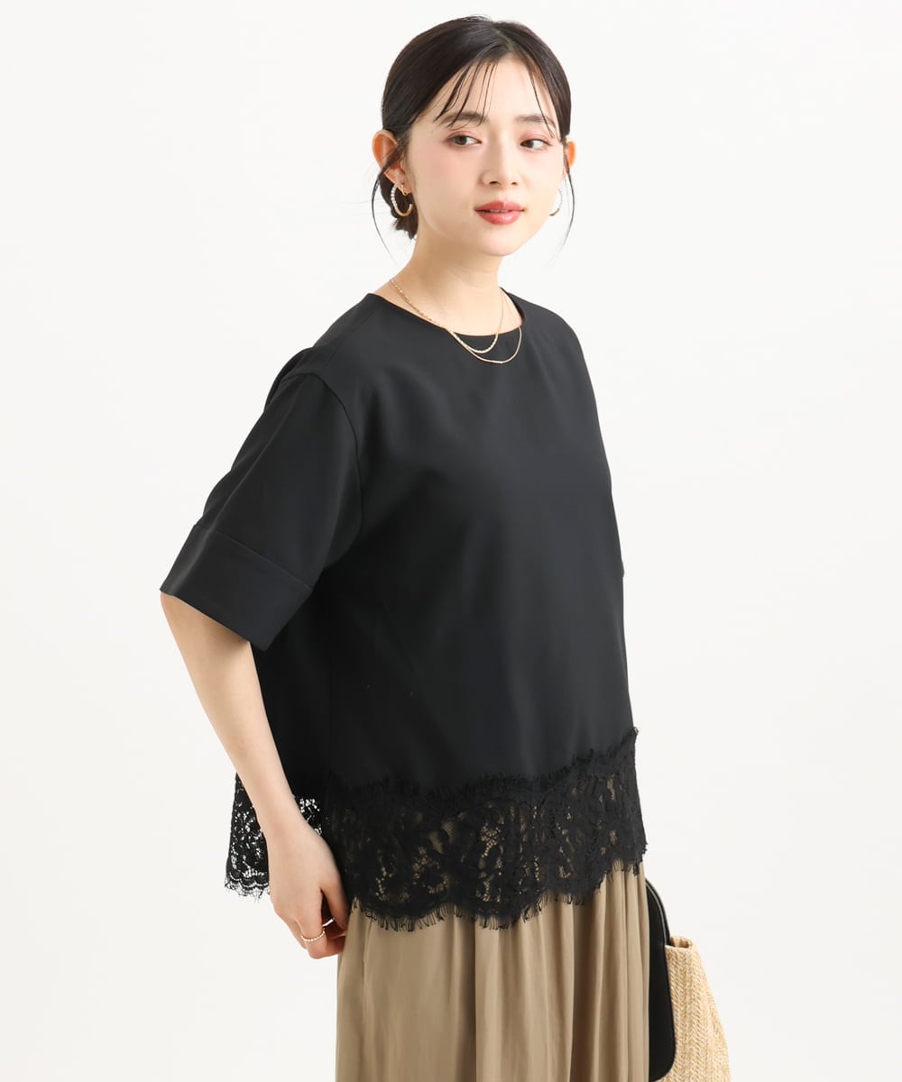 F1BGD59150 MK MICHEL KLEIN(小さいサイズ)(メゾン ドゥ サンク) 【小さいサイズ】[UVカット/接触冷感/洗える]ストレッチ 裾レース半袖ブラウス ブラック