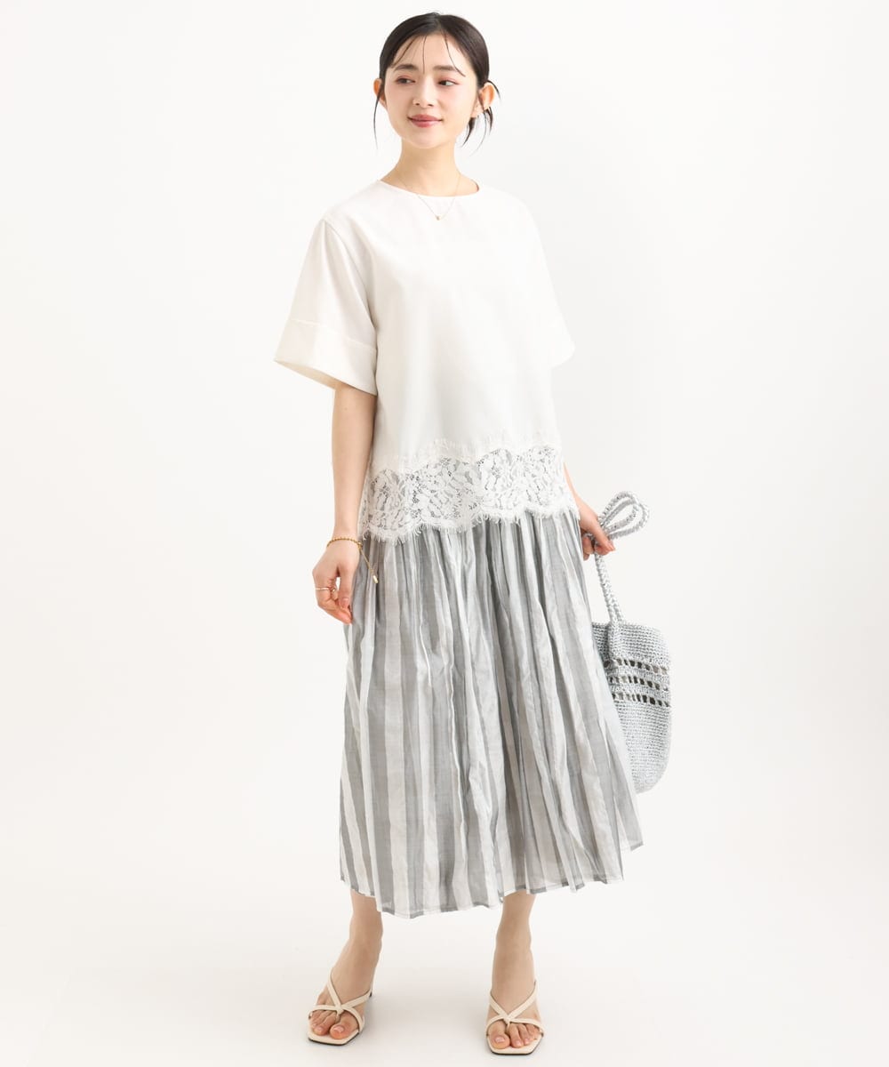 F1BGD59150 MK MICHEL KLEIN(小さいサイズ)(メゾン ドゥ サンク) 【小さいサイズ】[UVカット/接触冷感/洗える]ストレッチ 裾レース半袖ブラウス ブラック