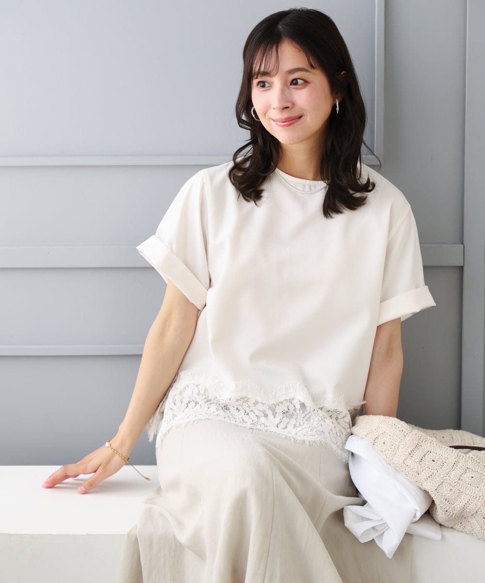 F1BGD59150 MK MICHEL KLEIN(小さいサイズ)(メゾン ドゥ サンク) 【小さいサイズ】[UVカット/接触冷感/洗える]ストレッチ 裾レース半袖ブラウス ブラック