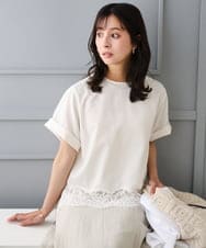 F1BGD59150 MK MICHEL KLEIN(小さいサイズ)(メゾン ドゥ サンク) 【小さいサイズ】[UVカット/接触冷感/洗える]ストレッチ 裾レース半袖ブラウス ブラック