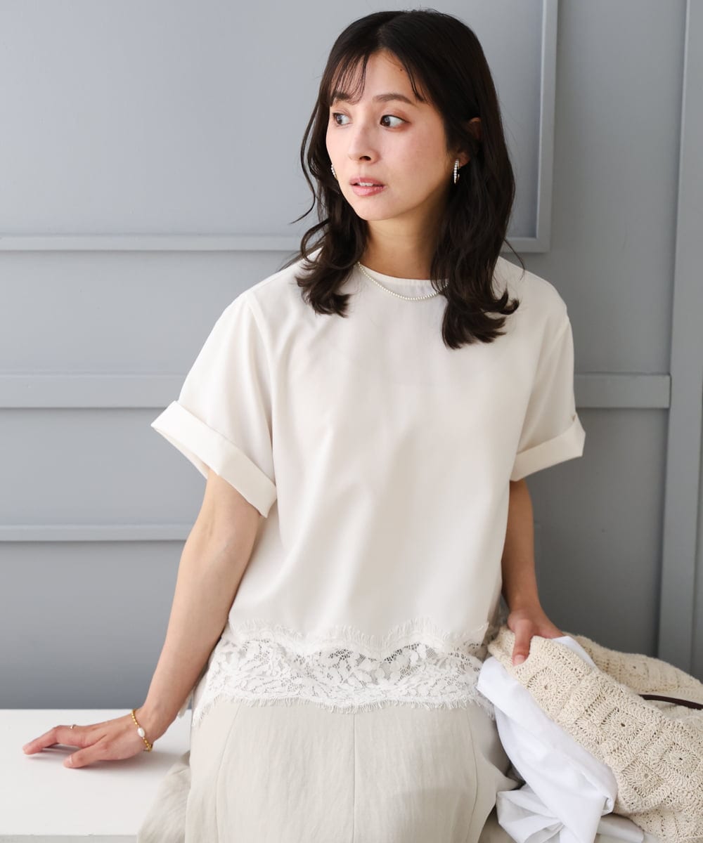 F1BGD59150 MK MICHEL KLEIN(小さいサイズ)(メゾン ドゥ サンク) 【小さいサイズ】[UVカット/接触冷感/洗える]ストレッチ 裾レース半袖ブラウス ブラック