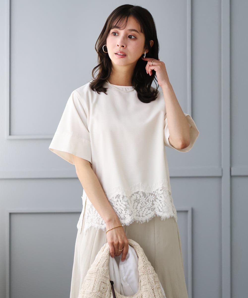 F1BGD59150 MK MICHEL KLEIN(小さいサイズ)(メゾン ドゥ サンク) 【小さいサイズ】[UVカット/接触冷感/洗える]ストレッチ 裾レース半袖ブラウス ブラック