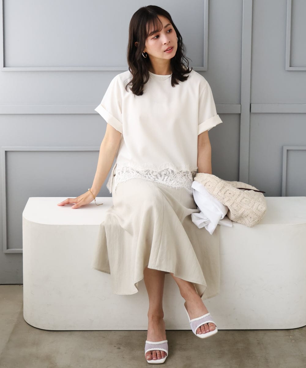 F1BGD59150 MK MICHEL KLEIN(小さいサイズ)(メゾン ドゥ サンク) 【小さいサイズ】[UVカット/接触冷感/洗える]ストレッチ 裾レース半袖ブラウス ブラック