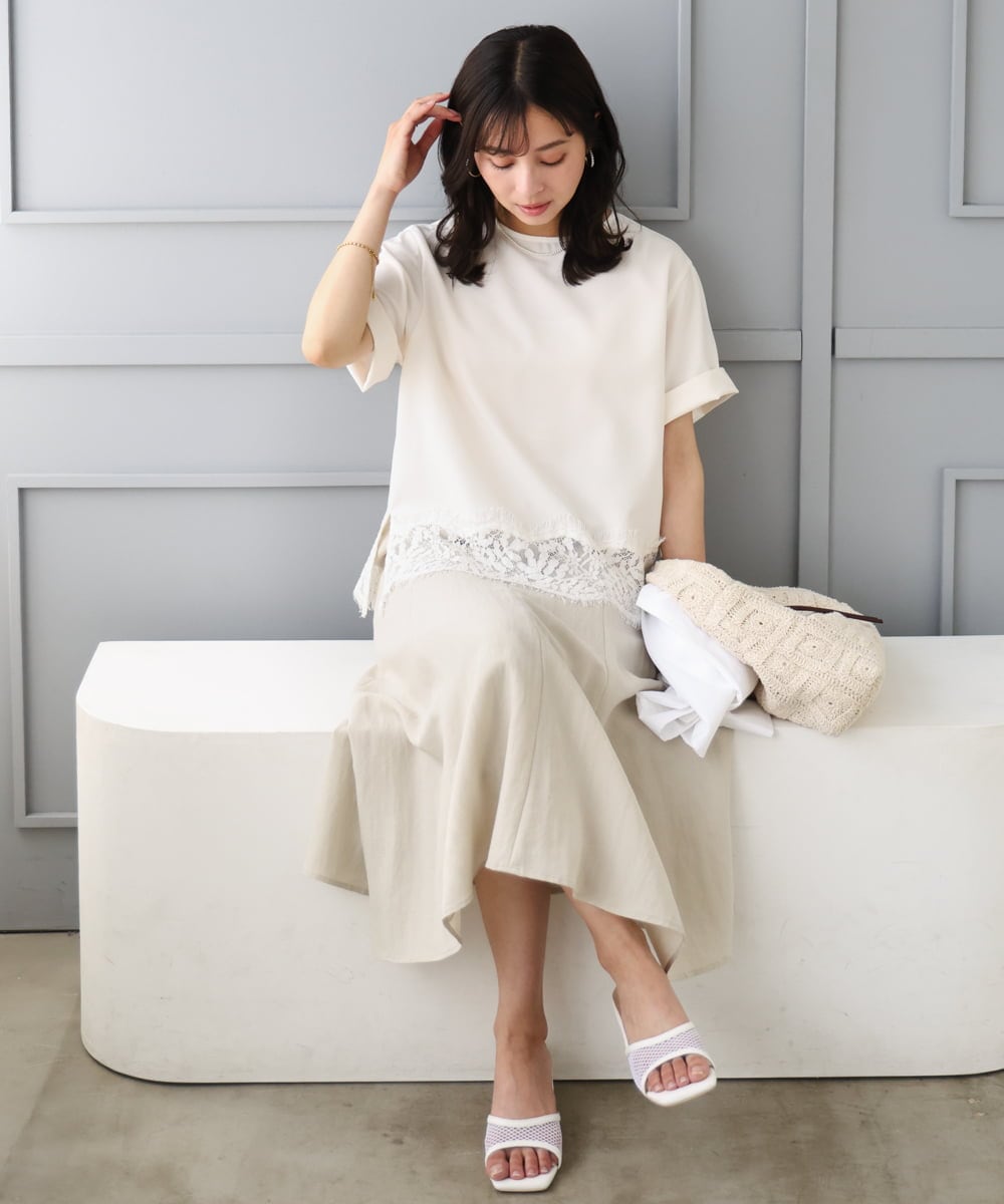 F1BGD59150 MK MICHEL KLEIN(小さいサイズ)(メゾン ドゥ サンク) 【小さいサイズ】[UVカット/接触冷感/洗える]ストレッチ 裾レース半袖ブラウス ブラック
