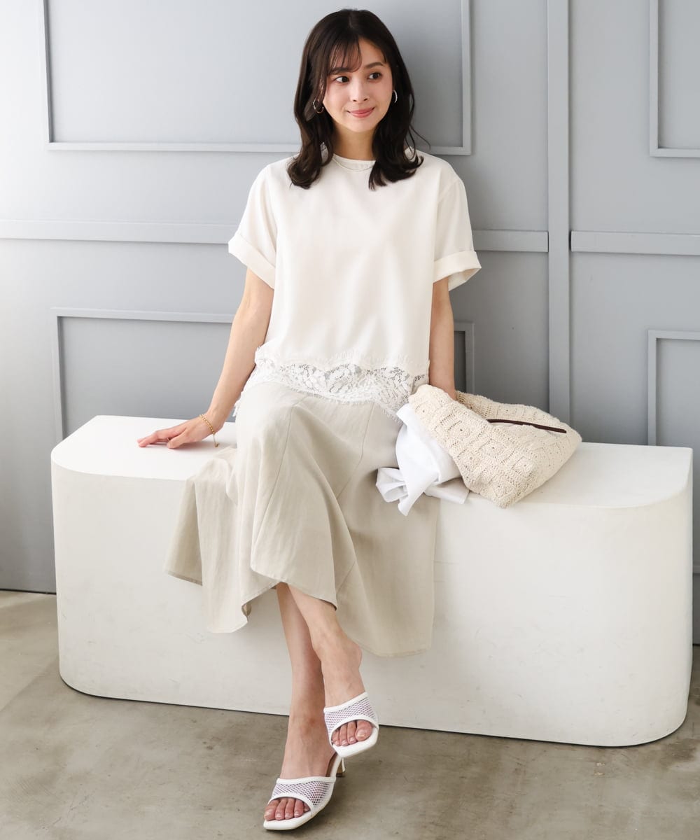 F1BGD59150 MK MICHEL KLEIN(小さいサイズ)(メゾン ドゥ サンク) 【小さいサイズ】[UVカット/接触冷感/洗える]ストレッチ 裾レース半袖ブラウス ブラック
