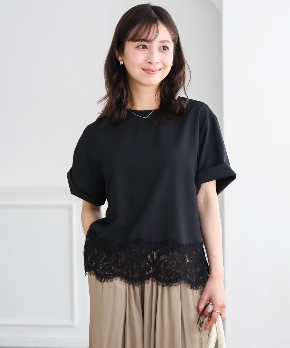 F1BGD59150 MK MICHEL KLEIN(小さいサイズ)(メゾン ドゥ サンク) 【小さいサイズ】[UVカット/接触冷感/洗える]ストレッチ 裾レース半袖ブラウス ブラック
