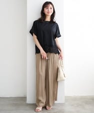 F1BGD59150 MK MICHEL KLEIN(小さいサイズ)(メゾン ドゥ サンク) 【小さいサイズ】[UVカット/接触冷感/洗える]ストレッチ 裾レース半袖ブラウス ブラック