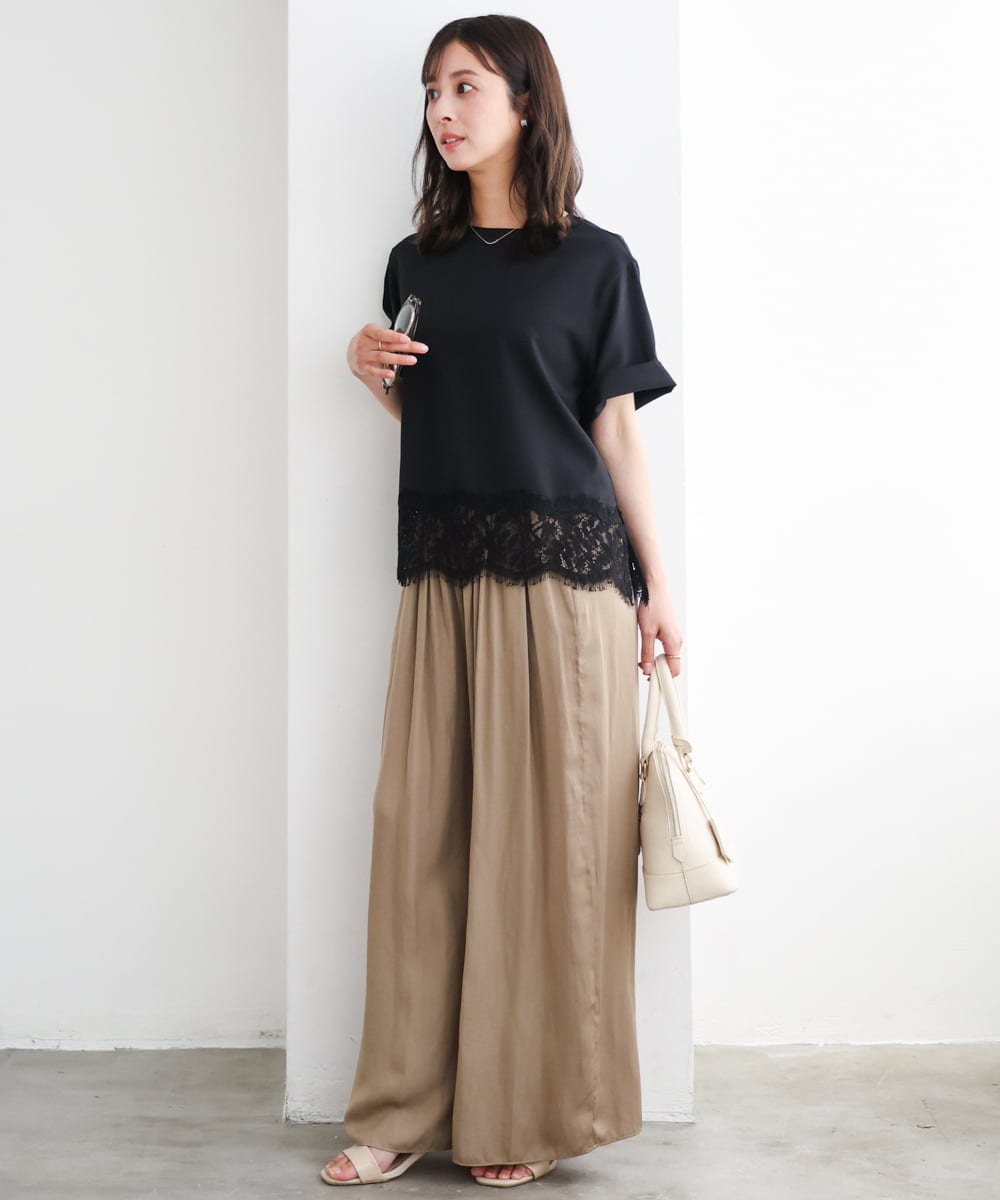 F1BGD59150 MK MICHEL KLEIN(小さいサイズ)(メゾン ドゥ サンク) 【小さいサイズ】[UVカット/接触冷感/洗える]ストレッチ 裾レース半袖ブラウス ブラック