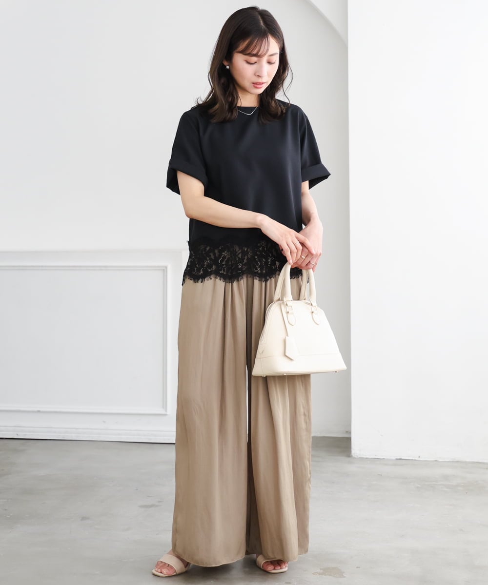 F1BGD59150 MK MICHEL KLEIN(小さいサイズ)(メゾン ドゥ サンク) 【小さいサイズ】[UVカット/接触冷感/洗える]ストレッチ 裾レース半袖ブラウス ブラック