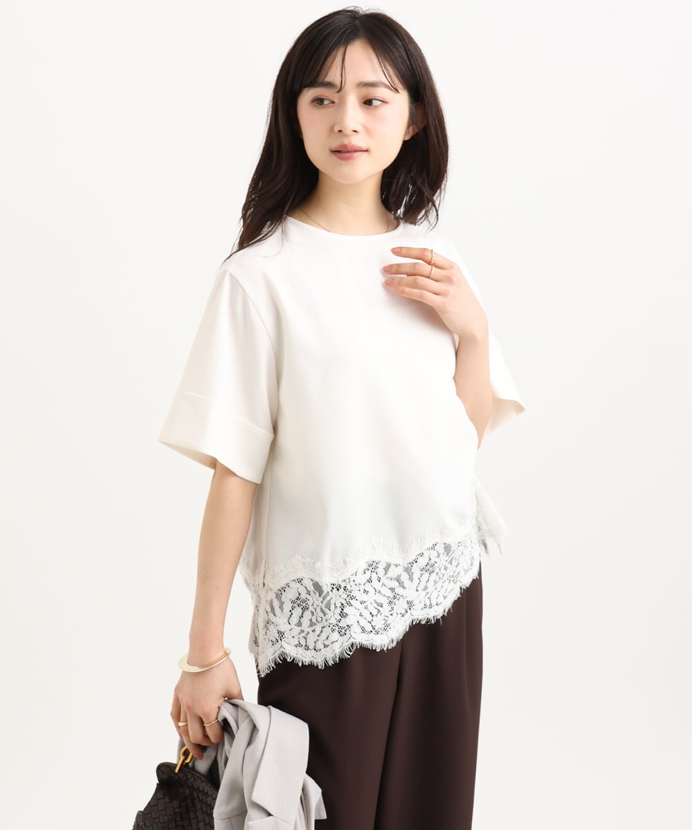 F1BGD59150 MK MICHEL KLEIN(小さいサイズ)(メゾン ドゥ サンク) 【小さいサイズ】[UVカット/接触冷感/洗える]ストレッチ 裾レース半袖ブラウス ブラック