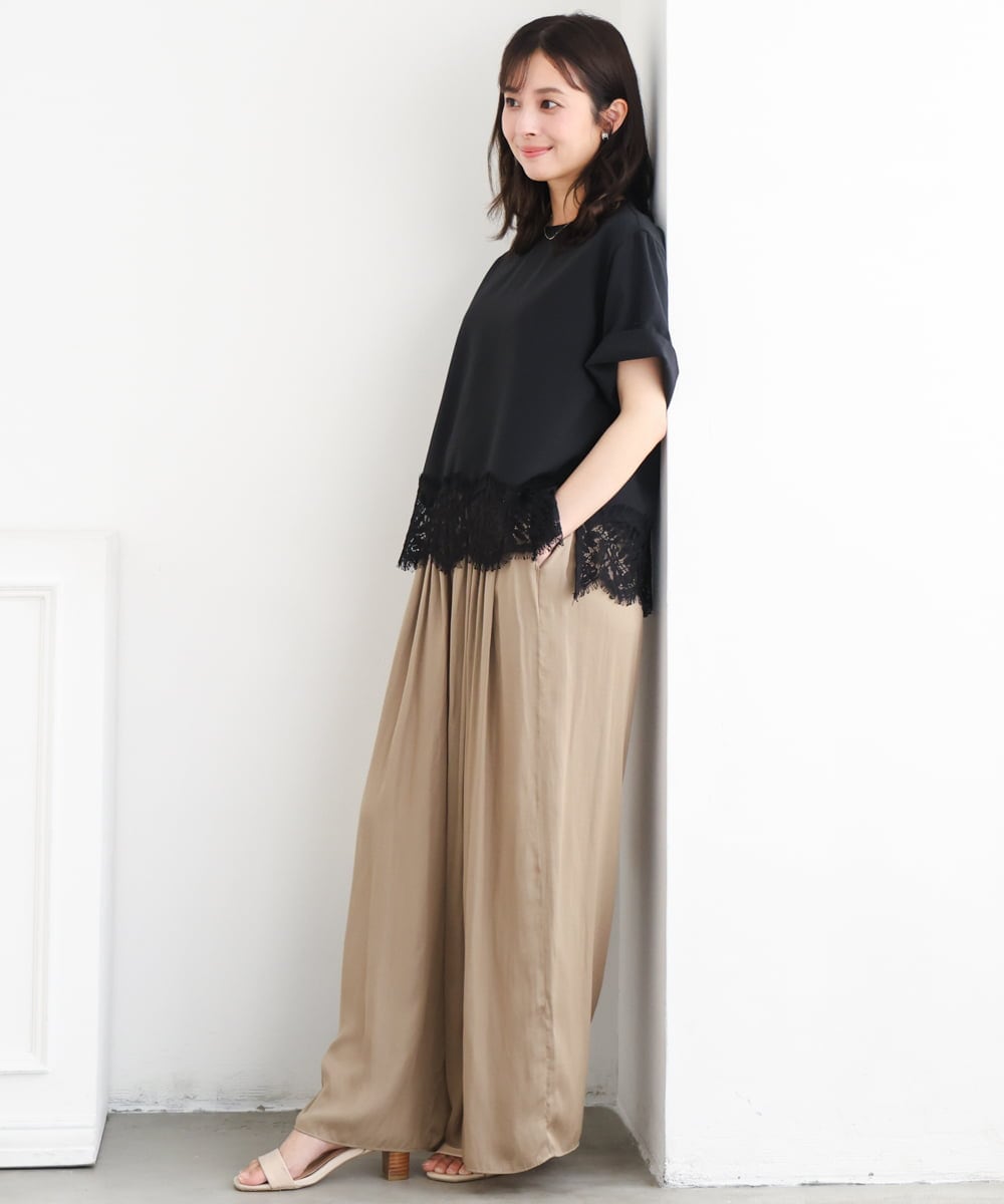 F1BGD59150 MK MICHEL KLEIN(小さいサイズ)(メゾン ドゥ サンク) 【小さいサイズ】[UVカット/接触冷感/洗える]ストレッチ 裾レース半袖ブラウス ブラック