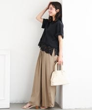 F1BGD59150 MK MICHEL KLEIN(小さいサイズ)(メゾン ドゥ サンク) 【小さいサイズ】[UVカット/接触冷感/洗える]ストレッチ 裾レース半袖ブラウス ブラック