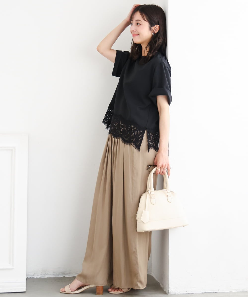 F1BGD59150 MK MICHEL KLEIN(小さいサイズ)(メゾン ドゥ サンク) 【小さいサイズ】[UVカット/接触冷感/洗える]ストレッチ 裾レース半袖ブラウス ブラック