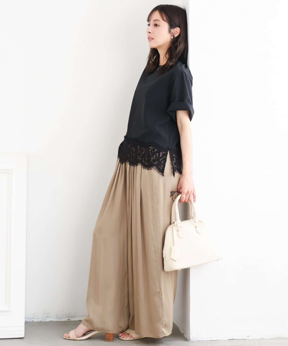 F1BGD59150 MK MICHEL KLEIN(小さいサイズ)(メゾン ドゥ サンク) 【小さいサイズ】[UVカット/接触冷感/洗える]ストレッチ 裾レース半袖ブラウス ブラック