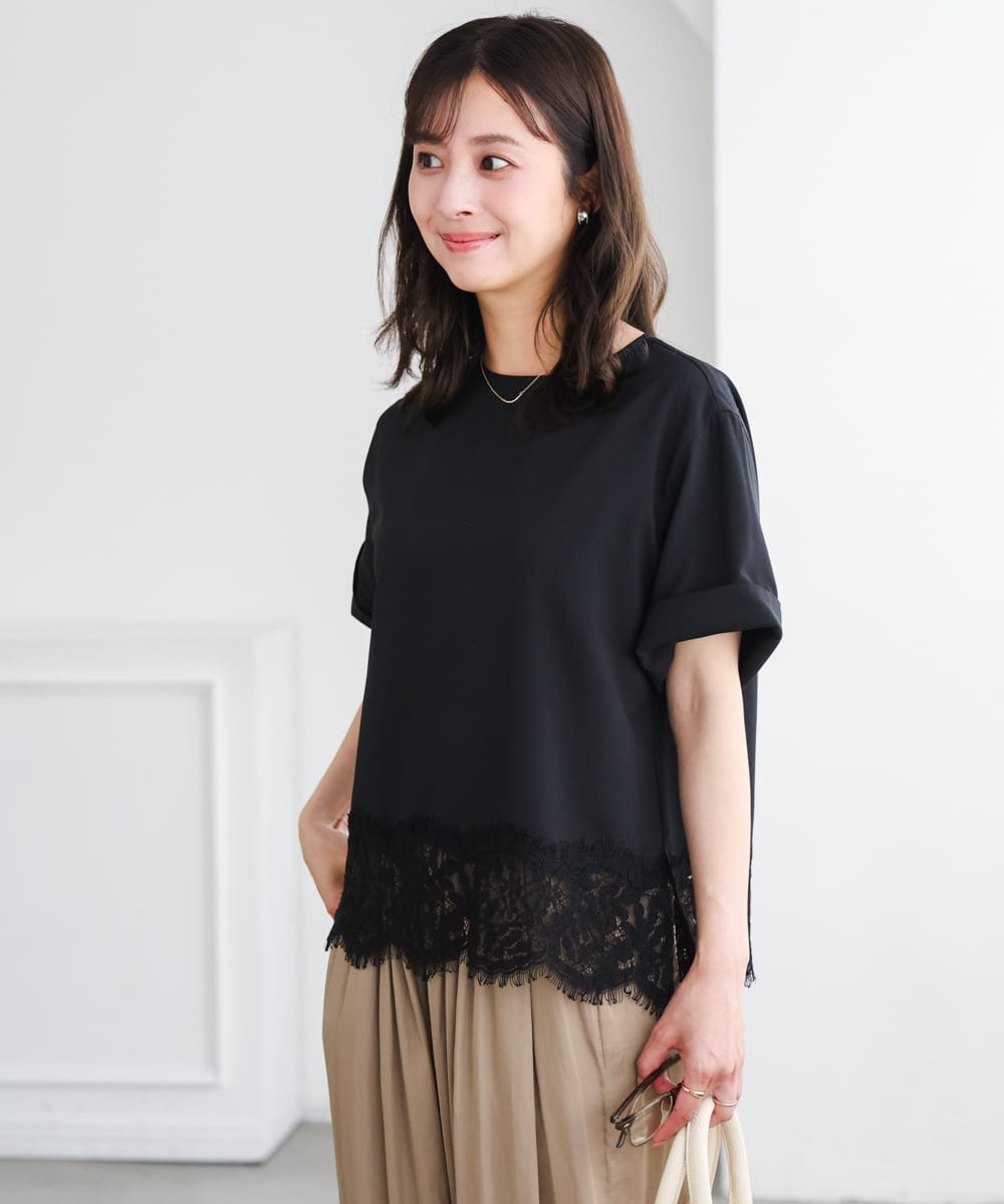 F1BGD59150 MK MICHEL KLEIN(小さいサイズ)(メゾン ドゥ サンク) 【小さいサイズ】[UVカット/接触冷感/洗える]ストレッチ 裾レース半袖ブラウス ブラック