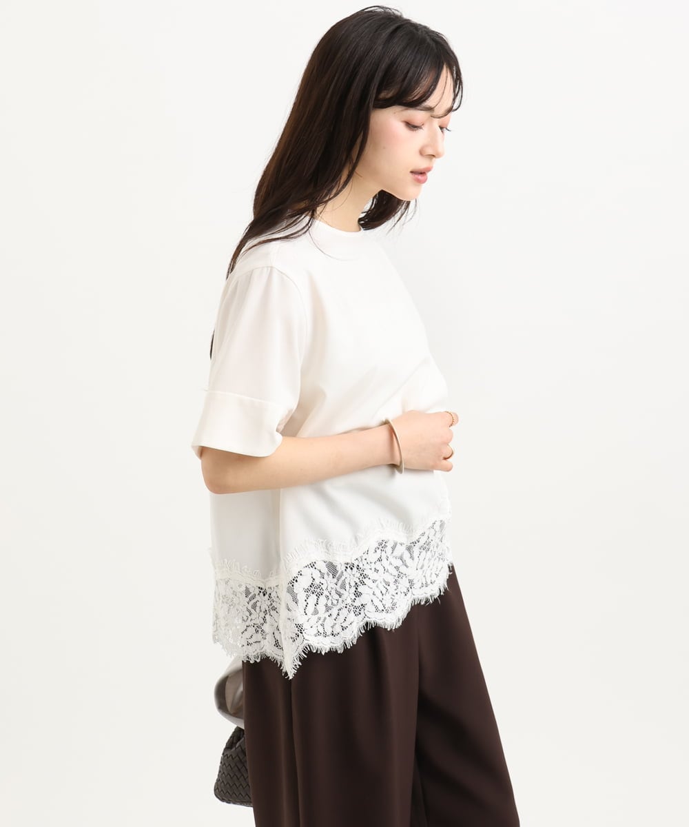 F1BGD59150 MK MICHEL KLEIN(小さいサイズ)(メゾン ドゥ サンク) 【小さいサイズ】[UVカット/接触冷感/洗える]ストレッチ 裾レース半袖ブラウス ブラック