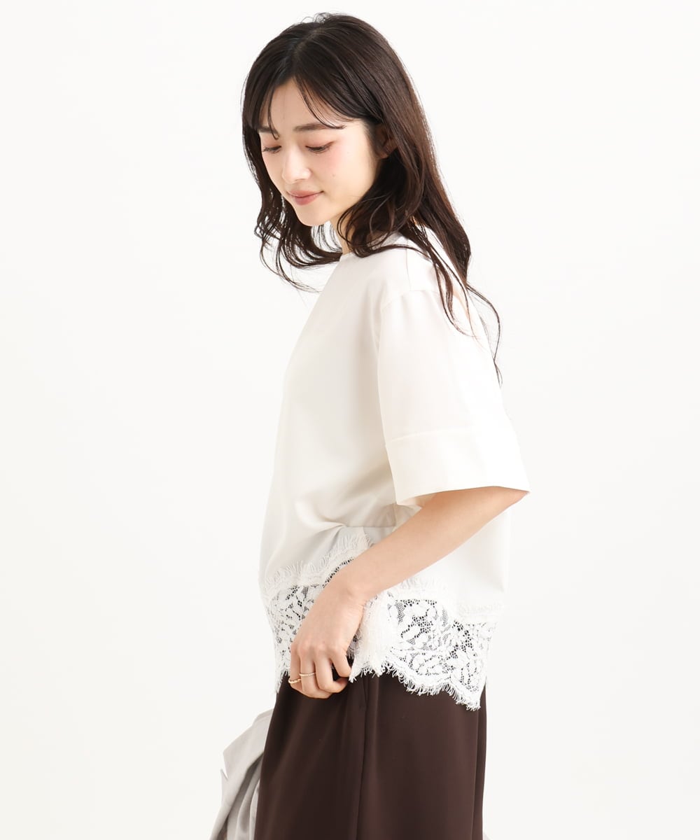 F1BGD59150 MK MICHEL KLEIN(小さいサイズ)(メゾン ドゥ サンク) 【小さいサイズ】[UVカット/接触冷感/洗える]ストレッチ 裾レース半袖ブラウス ブラック