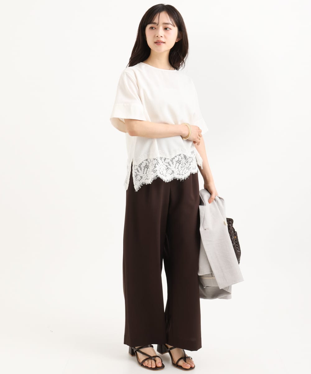 F1BGD59150 MK MICHEL KLEIN(小さいサイズ)(メゾン ドゥ サンク) 【小さいサイズ】[UVカット/接触冷感/洗える]ストレッチ 裾レース半袖ブラウス ブラック