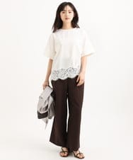 F1BGD59150 MK MICHEL KLEIN(小さいサイズ)(メゾン ドゥ サンク) 【小さいサイズ】[UVカット/接触冷感/洗える]ストレッチ 裾レース半袖ブラウス ブラック