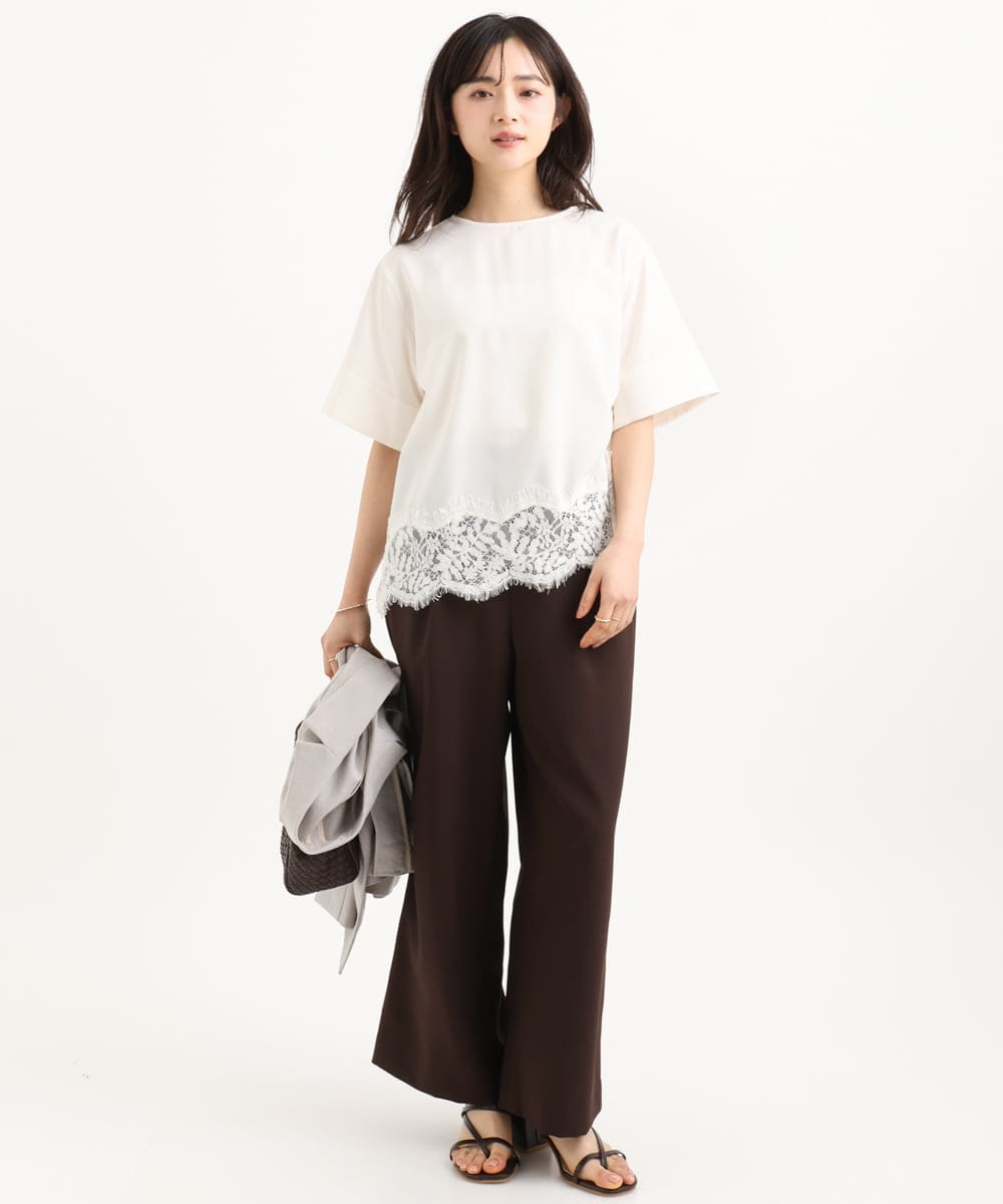 F1BGD59150 MK MICHEL KLEIN(小さいサイズ)(メゾン ドゥ サンク) 【小さいサイズ】[UVカット/接触冷感/洗える]ストレッチ 裾レース半袖ブラウス ブラック