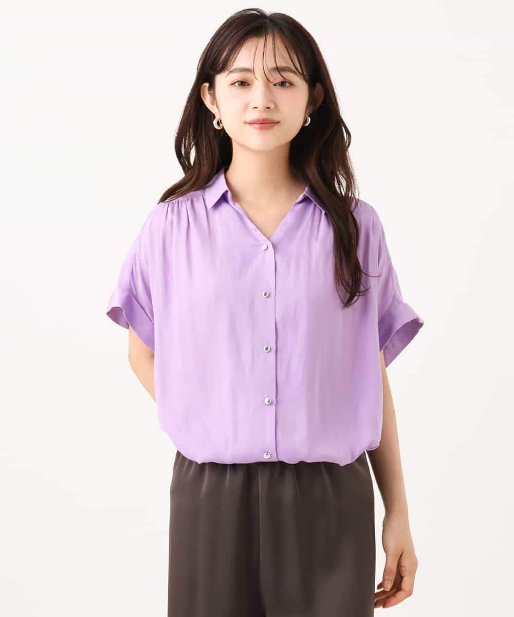 F1BGD68140 MK MICHEL KLEIN(小さいサイズ)(メゾン ドゥ サンク) 【小さいサイズ】[瞬美シリーズ/UVカット/接触冷感/洗える]メタル釦デザイン サテン地ブラウス ラベンダー