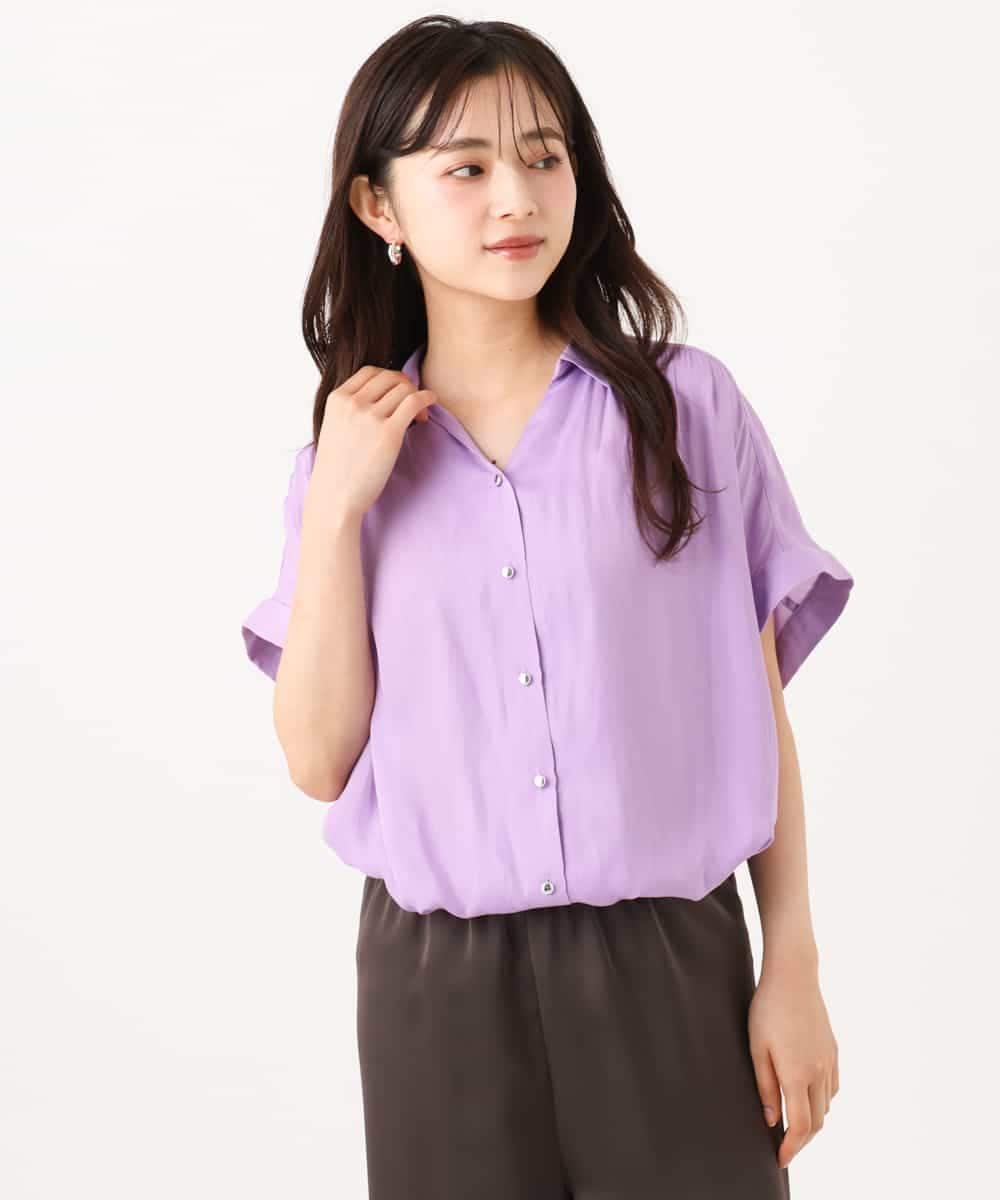 F1BGD68140 MK MICHEL KLEIN(小さいサイズ)(メゾン ドゥ サンク) 【小さいサイズ】[瞬美シリーズ/UVカット/接触冷感/洗える]メタル釦デザイン サテン地ブラウス ラベンダー