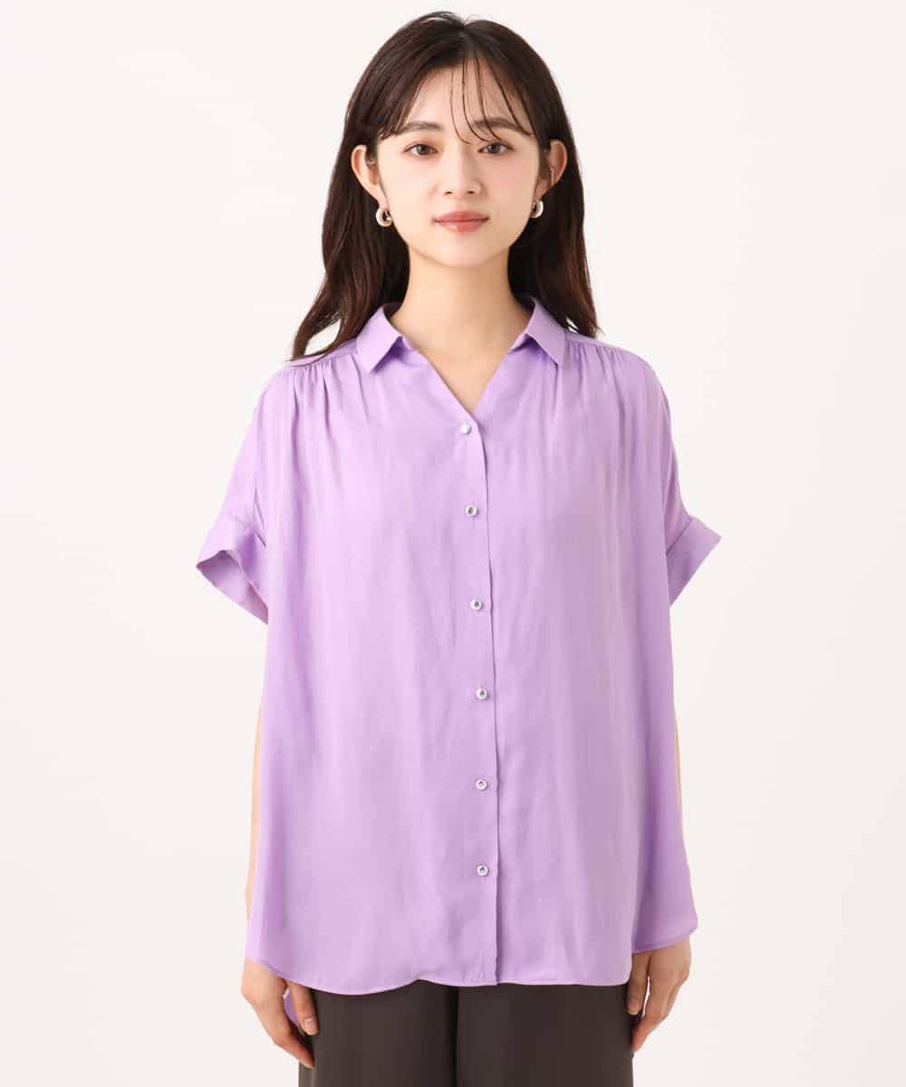 F1BGD68140 MK MICHEL KLEIN(小さいサイズ)(メゾン ドゥ サンク) 【小さいサイズ】[瞬美シリーズ/UVカット/接触冷感/洗える]メタル釦デザイン サテン地ブラウス ラベンダー