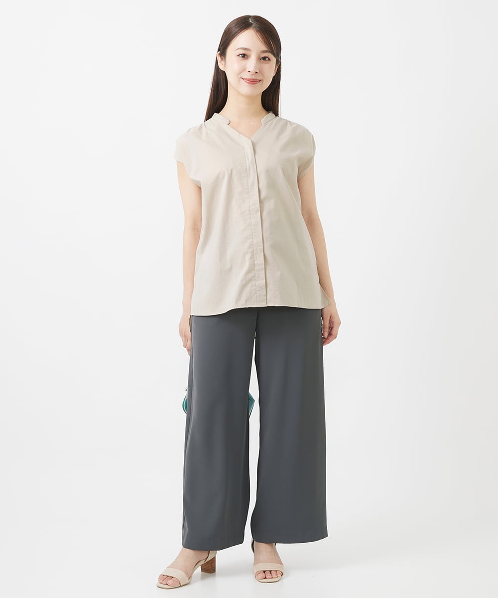 F1BIV14110 MK MICHEL KLEIN(小さいサイズ)(メゾン ドゥ サンク) 【小さいサイズ】キーネックコットンブラウス/洗える ライトブルー