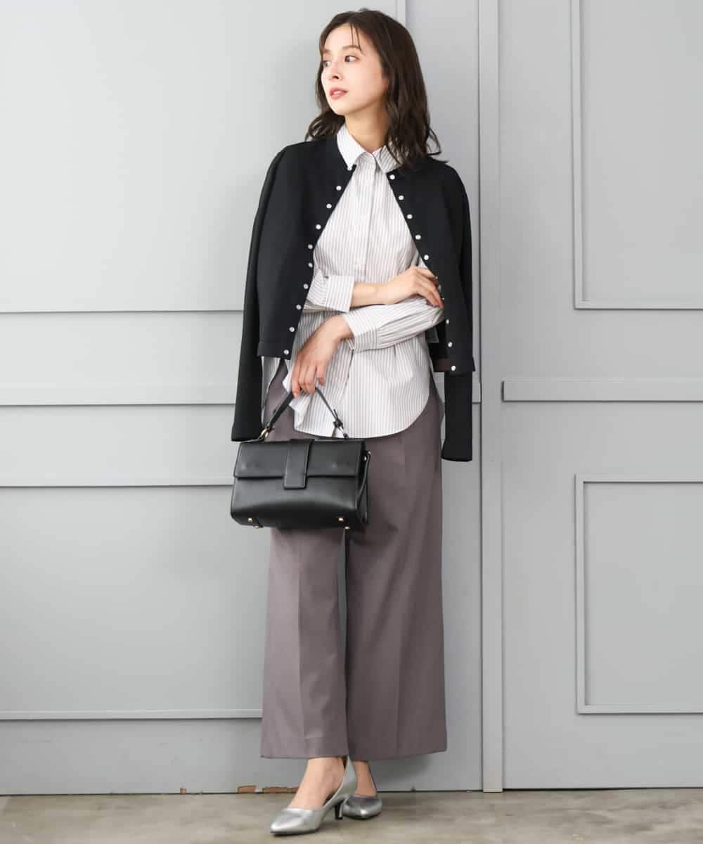 F1BJE27140 MK MICHEL KLEIN(小さいサイズ)(メゾン ドゥ サンク) 【小さいサイズ】[防シワ/洗える]コットン混ベーシックシャツ（ストライプ） ライトグレー