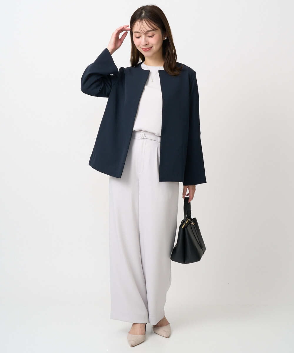 F1DFD11230 MK MICHEL KLEIN(小さいサイズ)(メゾン ドゥ サンク) 【小さいサイズ】ダブルクロス テントラインノーカラージャケット/セットアップ対応/防シワ/ストレッチ/洗える ネイビー