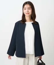 F1DFD11230 MK MICHEL KLEIN(小さいサイズ)(メゾン ドゥ サンク) 【小さいサイズ】ダブルクロス テントラインノーカラージャケット/セットアップ対応/防シワ/ストレッチ/洗える ネイビー