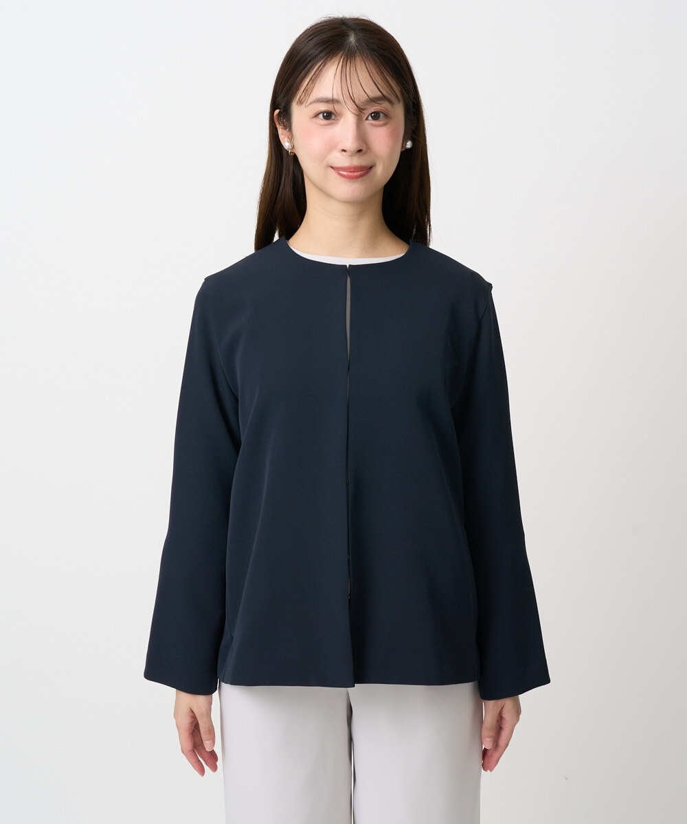 F1DFD11230 MK MICHEL KLEIN(小さいサイズ)(メゾン ドゥ サンク) 【小さいサイズ】ダブルクロス テントラインノーカラージャケット/セットアップ対応/防シワ/ストレッチ/洗える ネイビー
