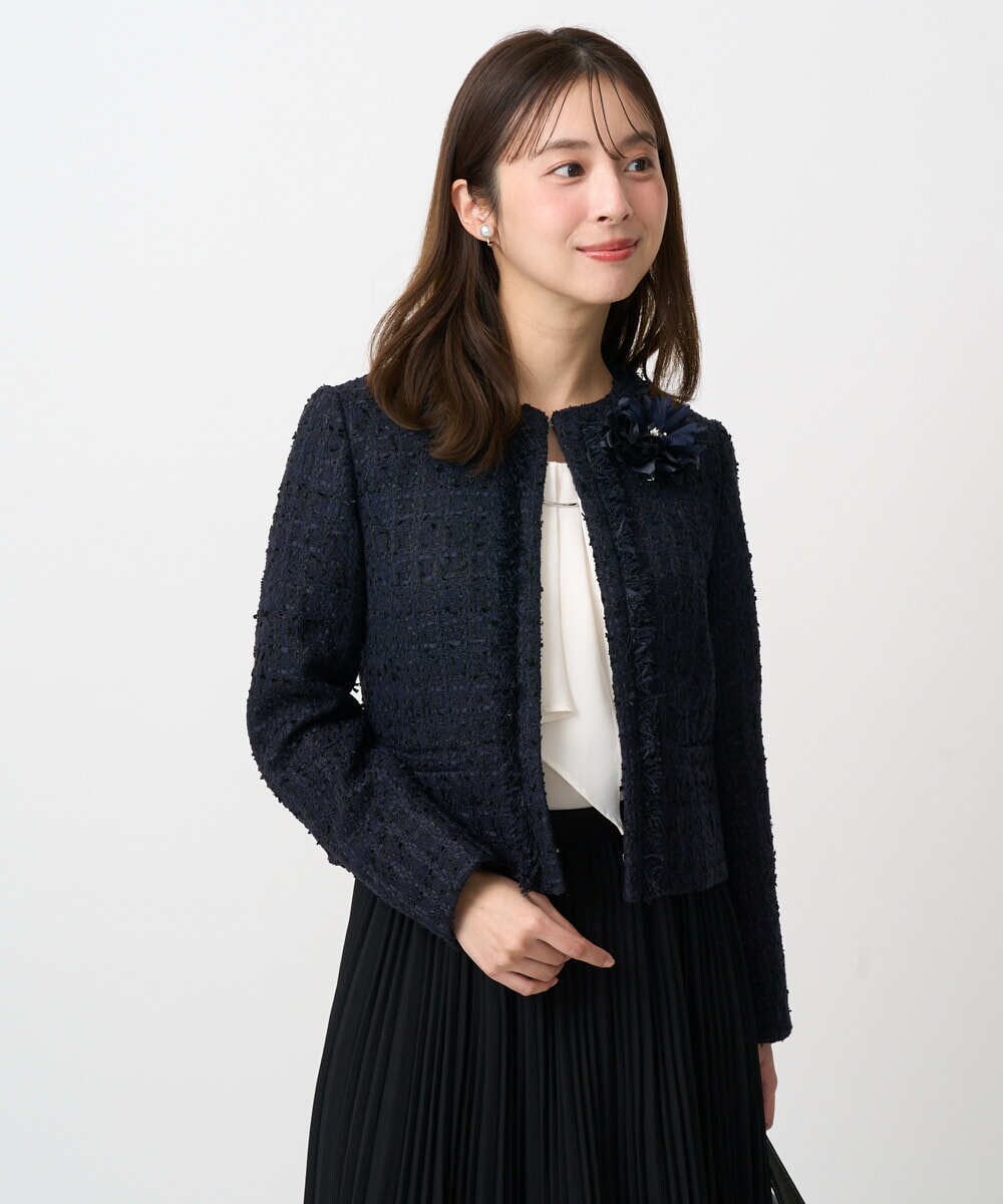 F1DFD65330 MK MICHEL KLEIN(小さいサイズ)(メゾン ドゥ サンク) 【小さいサイズ】ノーカラーファンシーツイードジャケット/セットアップ対応/洗える ネイビー