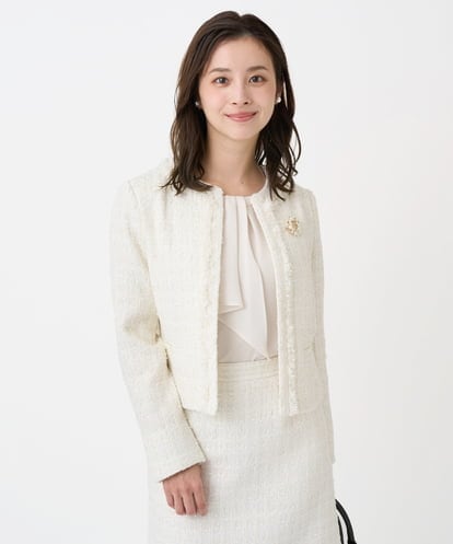 F1DFD65330 MK MICHEL KLEIN(小さいサイズ) 【小さいサイズ】ノーカラーファンシーツイードジャケット/セットアップ対応/洗える