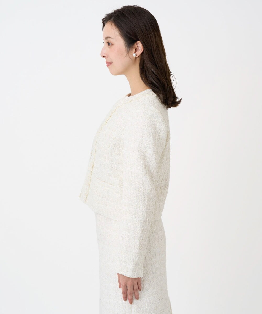 F1DFD65330 MK MICHEL KLEIN(小さいサイズ)(メゾン ドゥ サンク) 【小さいサイズ】ノーカラーファンシーツイードジャケット/セットアップ対応/洗える アイボリー