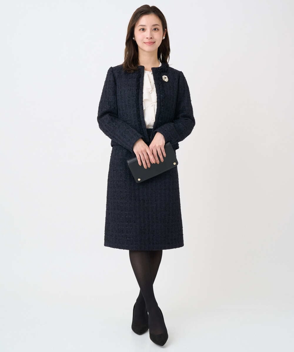 F1DFD65330 MK MICHEL KLEIN(小さいサイズ)(メゾン ドゥ サンク) 【小さいサイズ】ノーカラーファンシーツイードジャケット/セットアップ対応/洗える アイボリー