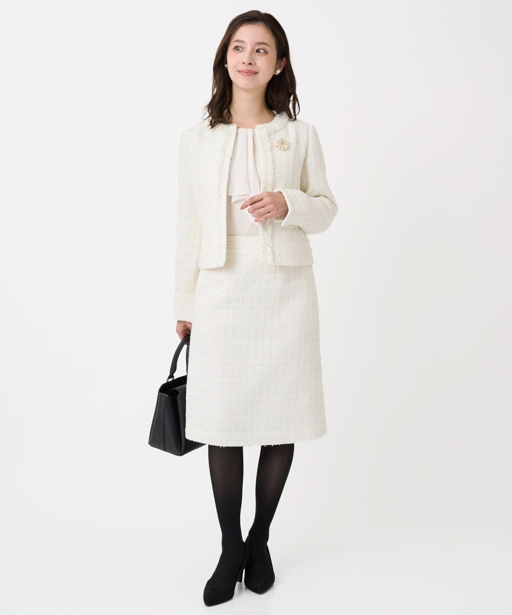 F1DFD65330 MK MICHEL KLEIN(小さいサイズ)(メゾン ドゥ サンク) 【小さいサイズ】ノーカラーファンシーツイードジャケット/セットアップ対応/洗える アイボリー