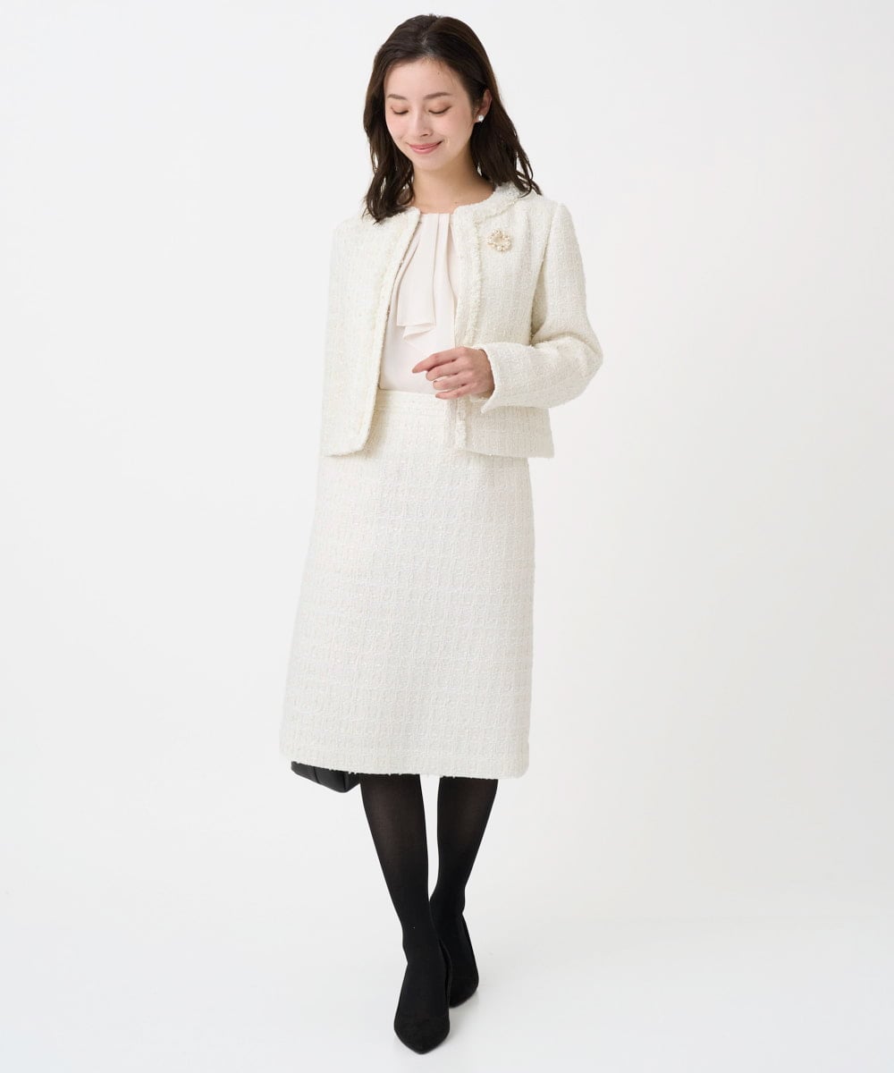 F1DFD65330 MK MICHEL KLEIN(小さいサイズ)(メゾン ドゥ サンク) 【小さいサイズ】ノーカラーファンシーツイードジャケット/セットアップ対応/洗える アイボリー